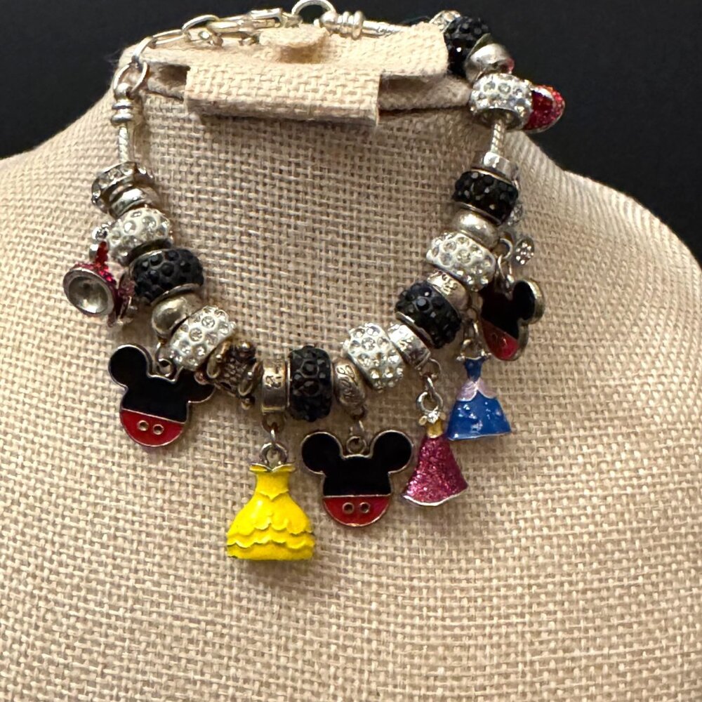 Disney-Themed Charm Bracelet Mickey Princess Dresses & Rhinestone Beads Adjustab